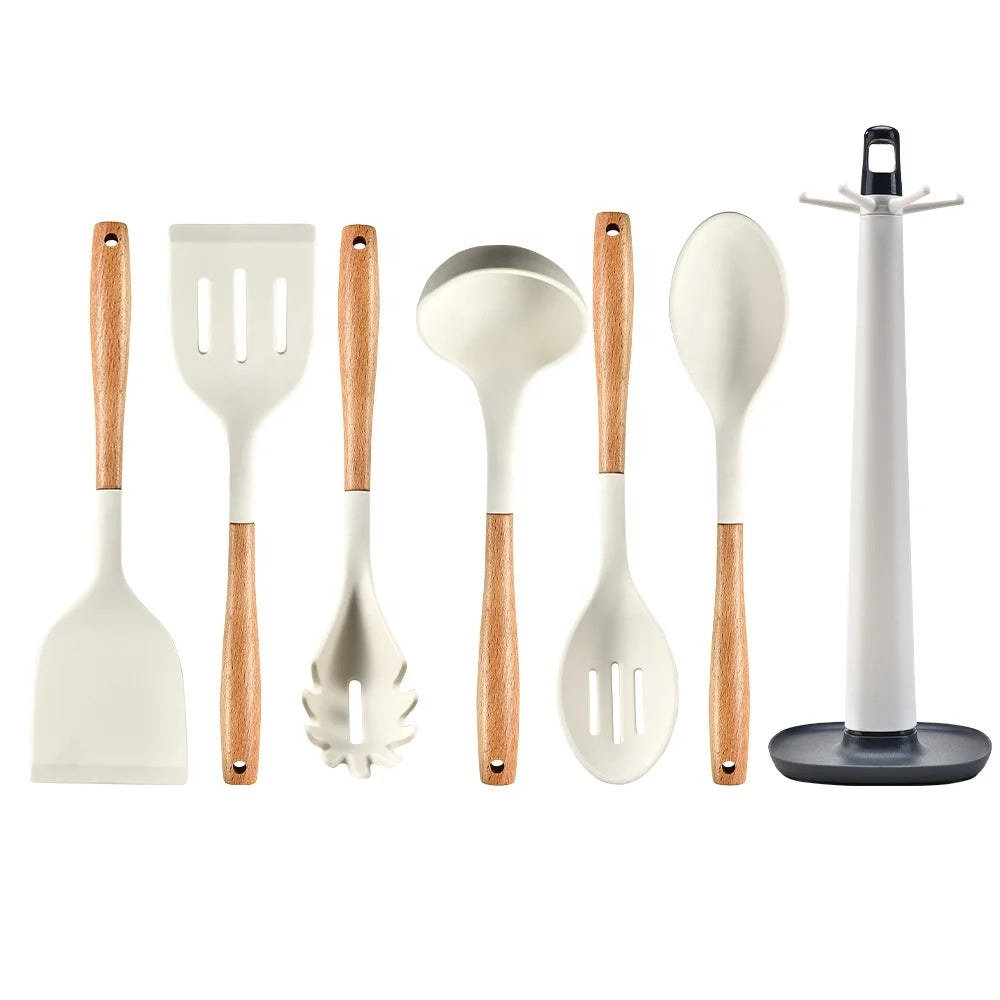 Non Stick Kitchen Accessories Wooden Handles Cooking Utensils 7 Pcs Silicone Kitchen Utensil Set with Rotating Storage Rack