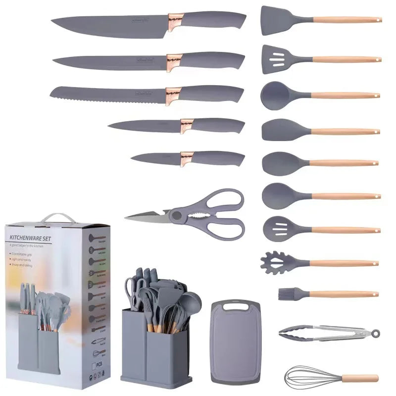 19 Pcs Set Non-Stick Silicone Cooking Kitchen Utensils Spatula Set with Holder Wooden Handle Silicone Kitchen Gadgets