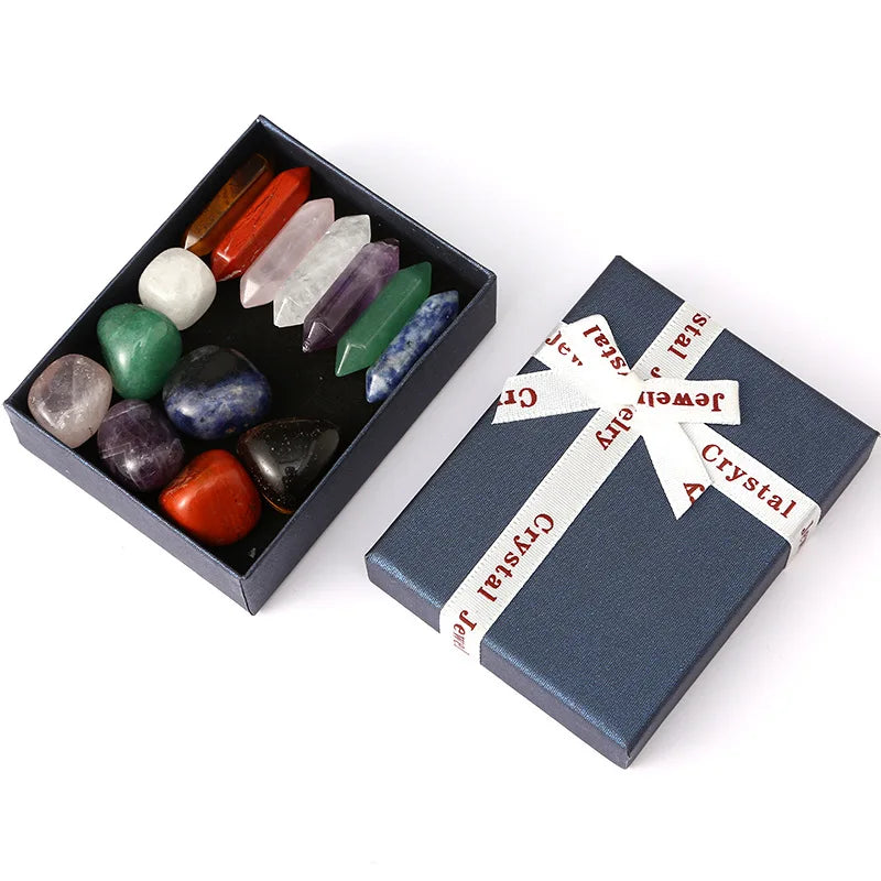 7 Chakra Set Natural Stone Crystal Double Tip Hexagonal Column Yoga Rough Stone Healing Meditation Gift Box Set for Unisex