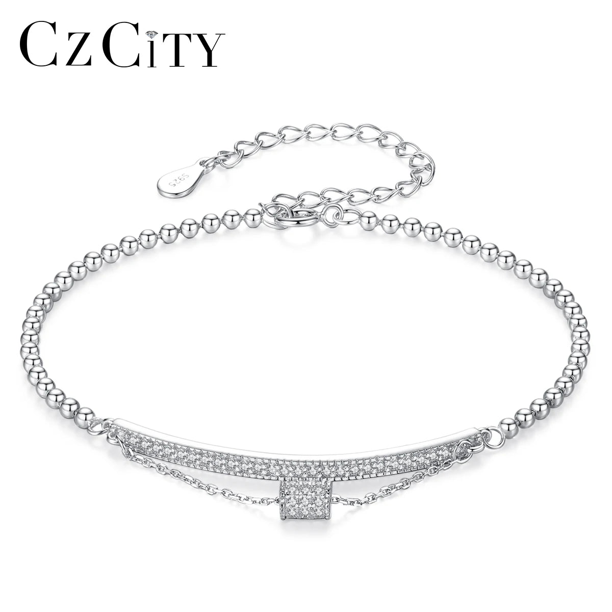 CZCITY Luxury New 925 Sterling Silver Romantic Geometric Chain Link Bracelet Women Adjustable Bracelets