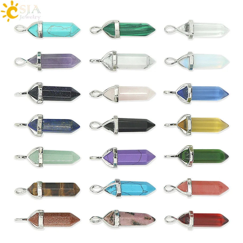 CSJA Natural Stone Bullet Point Healing Gemstone Hexagonal Crystal Quartz Pendant Necklace Jewelry  E001