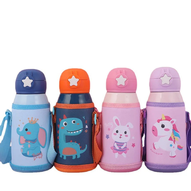 Custom Children 500ML Food Grade Double Wall Stainless Steel Vacuum Flask Cute Cartoon Kids Insulated Water Bottles With Bag