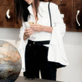 Enyami Elegant Ladies Simple Casual Horn Long Sleeve White Loose Ruffle Design Sleeve Daily Streetwear Shirt Cardigan Top Blouse