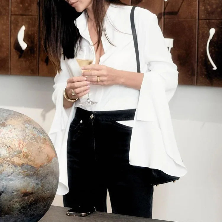Enyami Elegant Ladies Simple Casual Horn Long Sleeve White Loose Ruffle Design Sleeve Daily Streetwear Shirt Cardigan Top Blouse