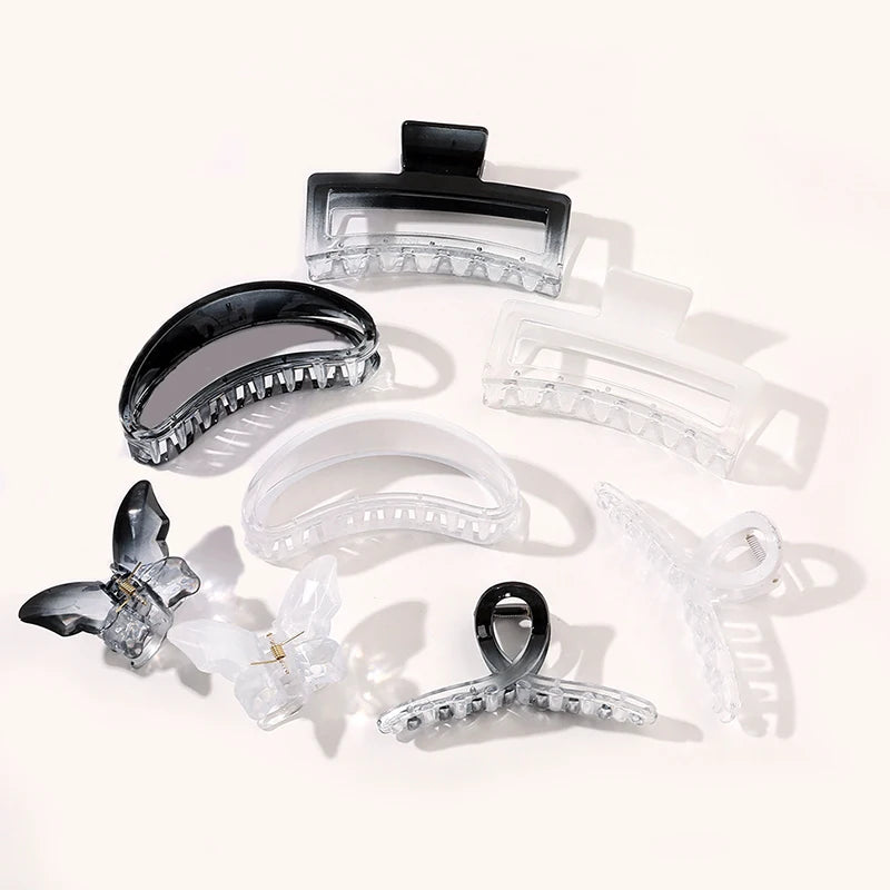Gradient Transparent Black and White Hair Claw Summer Girls Cute Plastic Shark Clip Women Back Head Hair Clips Claw