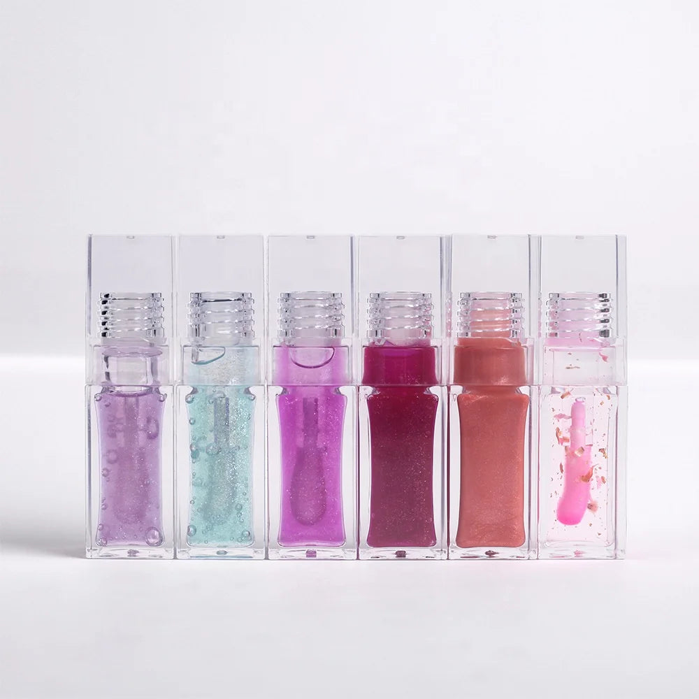 Best Selling Transparent Square Tube Lip Oil Vegan Fruit Flavor Shimmer Clear Liquid Lip Gloss Glossy Glitter Mineral 3pcs