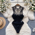 High Quality Autumn Vintage V-neck Bodycon Jumpsuit for Women Mesh Bodysuit Ladies Elegant Rompers Wholesale