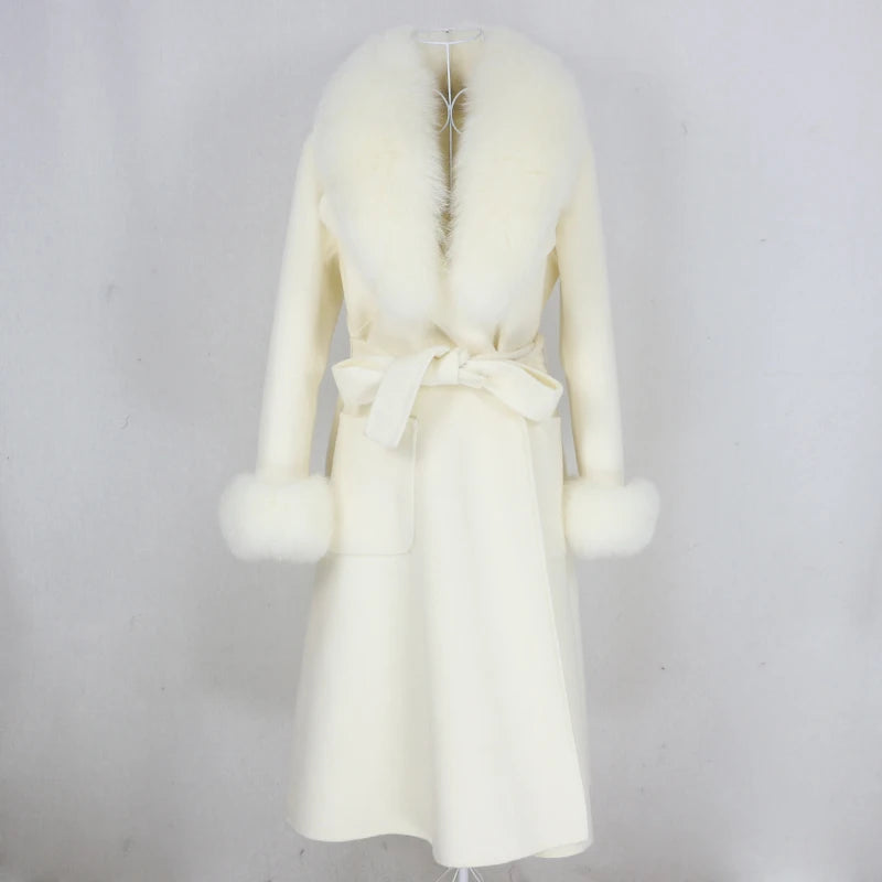 OFTBUY 2023 Winter Jacket for Women X-Long Cashmere Wool Blends Natural Fox Fur Collar Cuffs Breathable Cozy Belt Coat