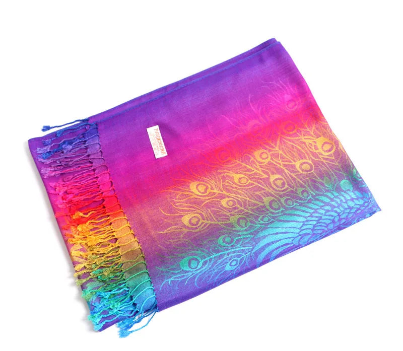 Hot Sale Rainbow Color Jacquard Feather Scarf Multi Color Soft Peacock Long Shawl Wrap Hijabs Rainbow Scarf
