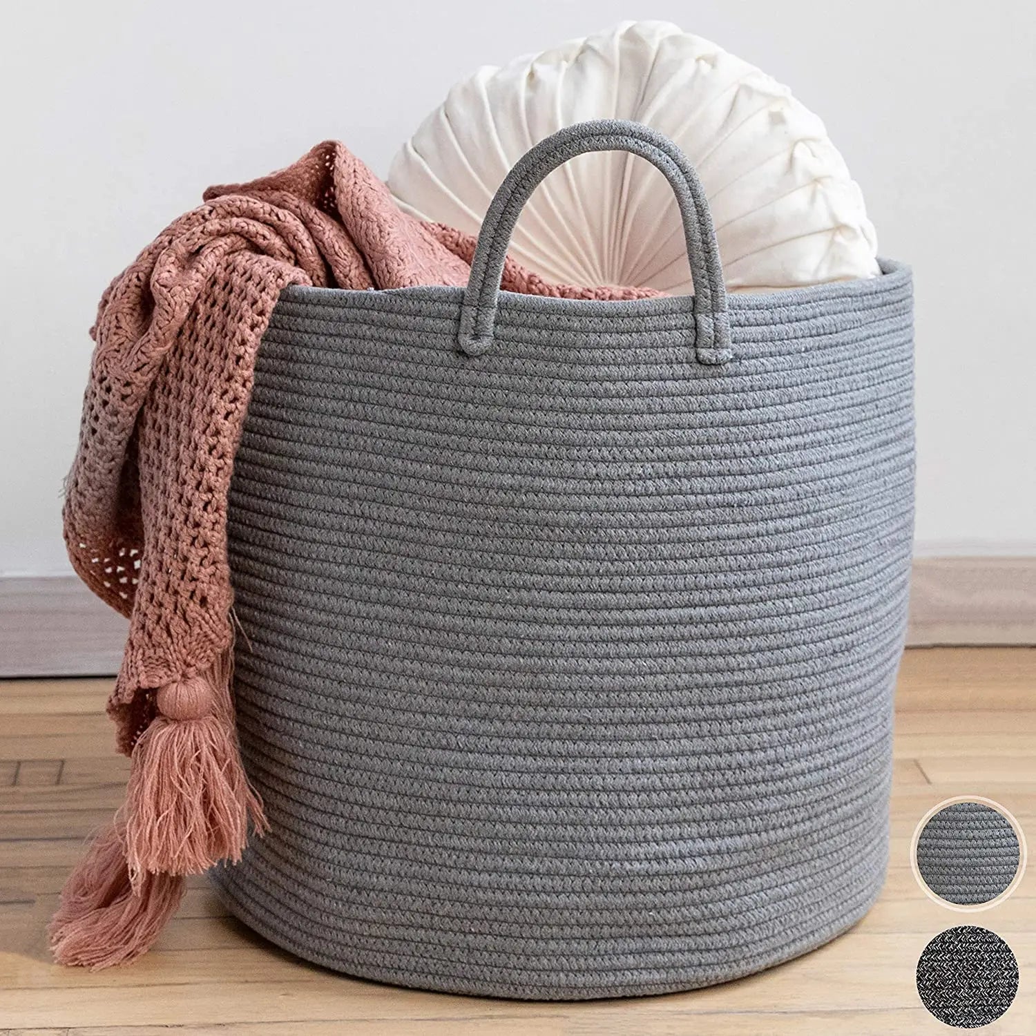 Premium Cotton Rope Basket for Blankets Living Room Woven Laundry Basket Grey Basket