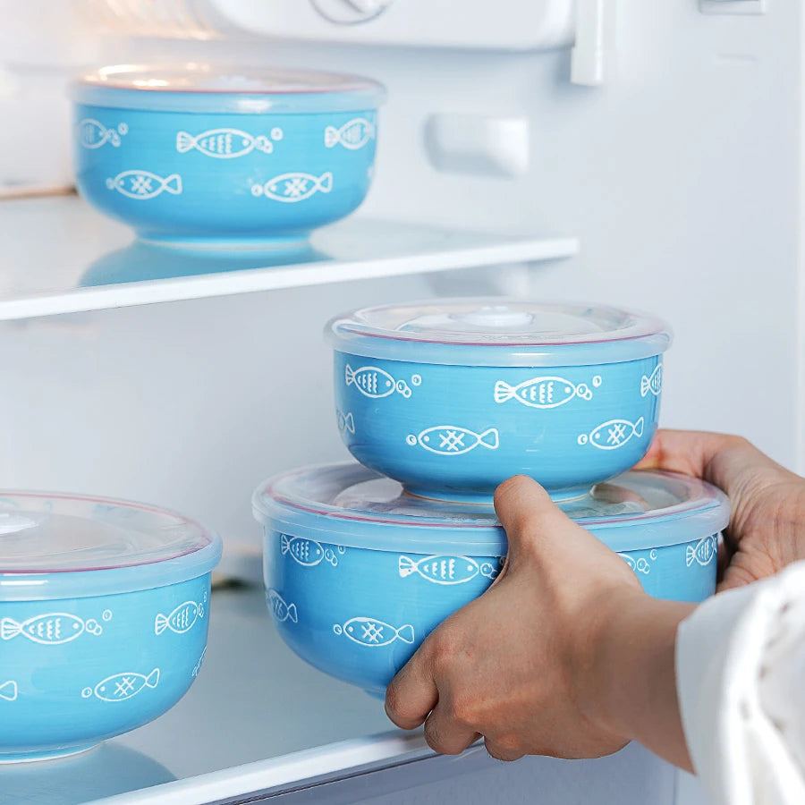 Porcelain Keep Fresh Storage Bowl Lunch Dinnerware Microwave Refrigerator Kitchen Ceramic Bowl With Lid