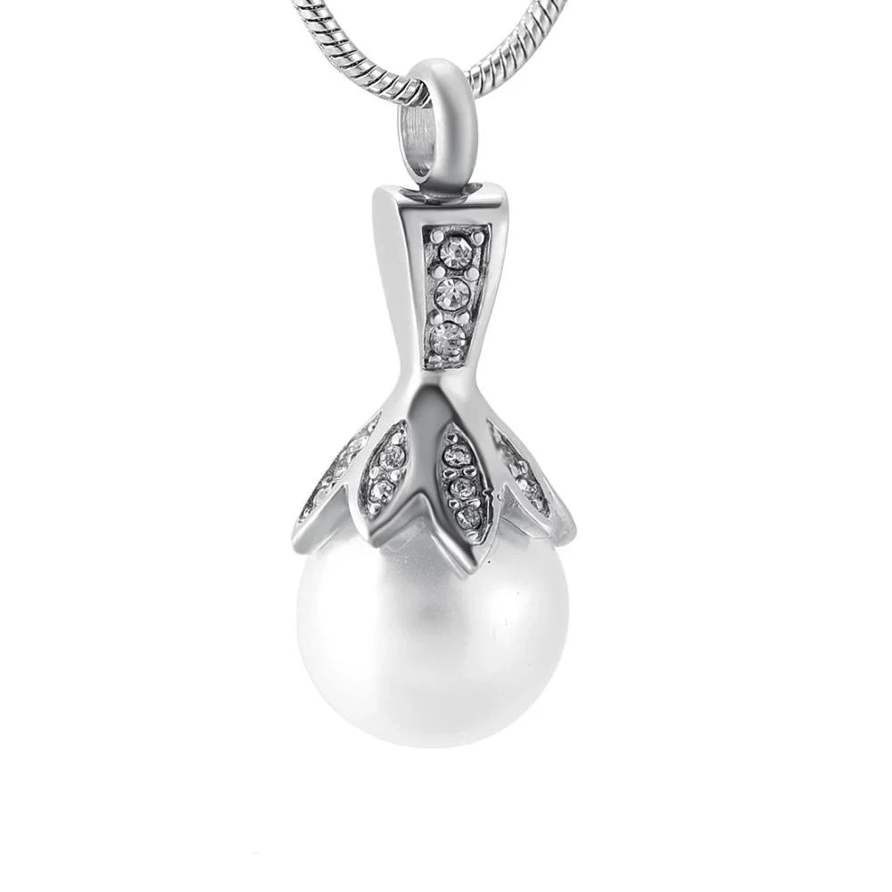 Keepsake Ashes Locket Pendant with Silver& Gold Color Crystal Flower Hold Big Pearl Cremation Urn Necklace Stainless Steel Wome
