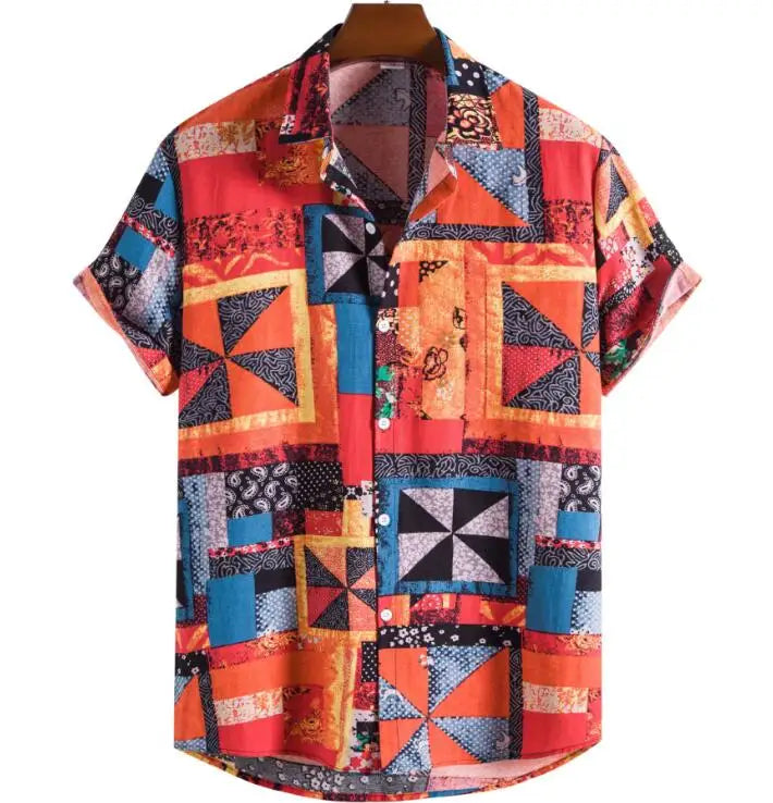 Fashion Men Hawaiian Shirt Short Sleeve Streetwear Print Cotton Linen Patchwork Summer Blouse Man Beach Shirt