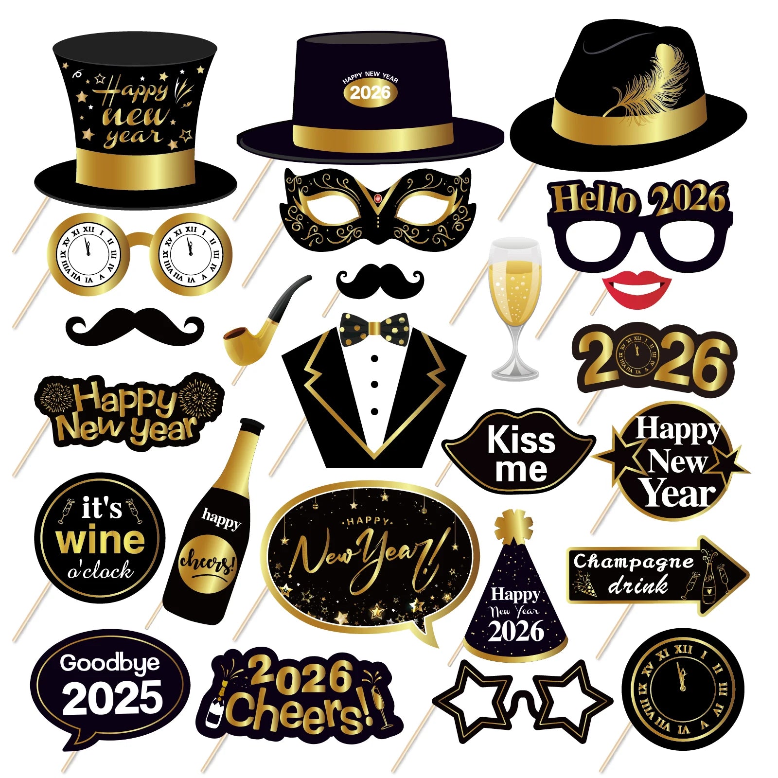 Huancai Happy New Year Party Supplies 25 PCS Photo Booth Props with Sticks Hello 2026 Party Props Kit for New Year Decorations