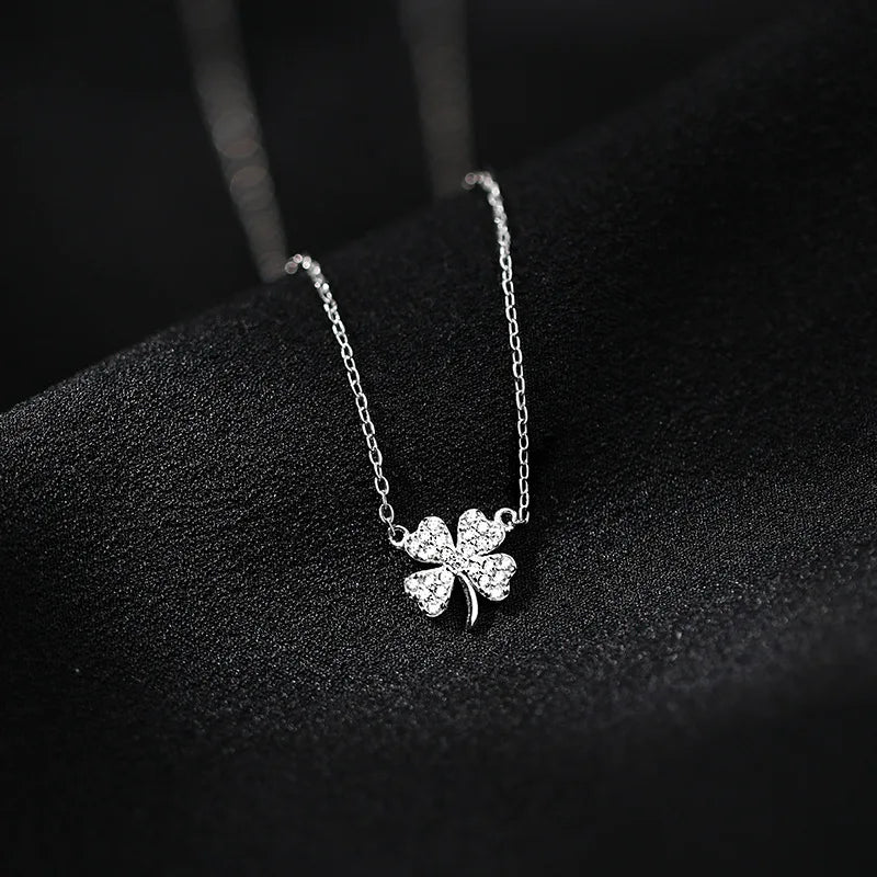 Hot Sale Fashion Pure 925 Sterling Silver Zircon Lucky Four Leaf Clover Pendant Necklace for Women Girls Jewelry