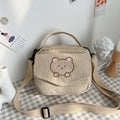Cartoon Small Women Canvas Zipper Bag Preppy Style Student Tote Shoulder Messenger Corduroy Bag Satchel Travel Purse Handbag