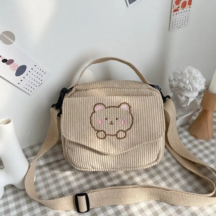 Cartoon Small Women Canvas Zipper Bag Preppy Style Student Tote Shoulder Messenger Corduroy Bag Satchel Travel Purse Handbag