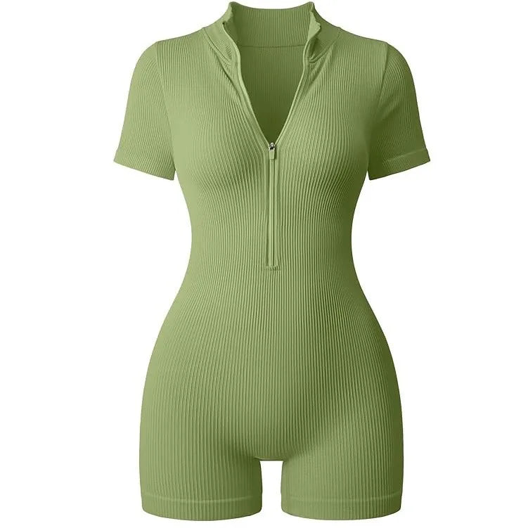 Spring and Summer New Seamless Women's Ribbed Short Sleeved Zipper Front Sports Yoga Jumpsuit Jumpsuit