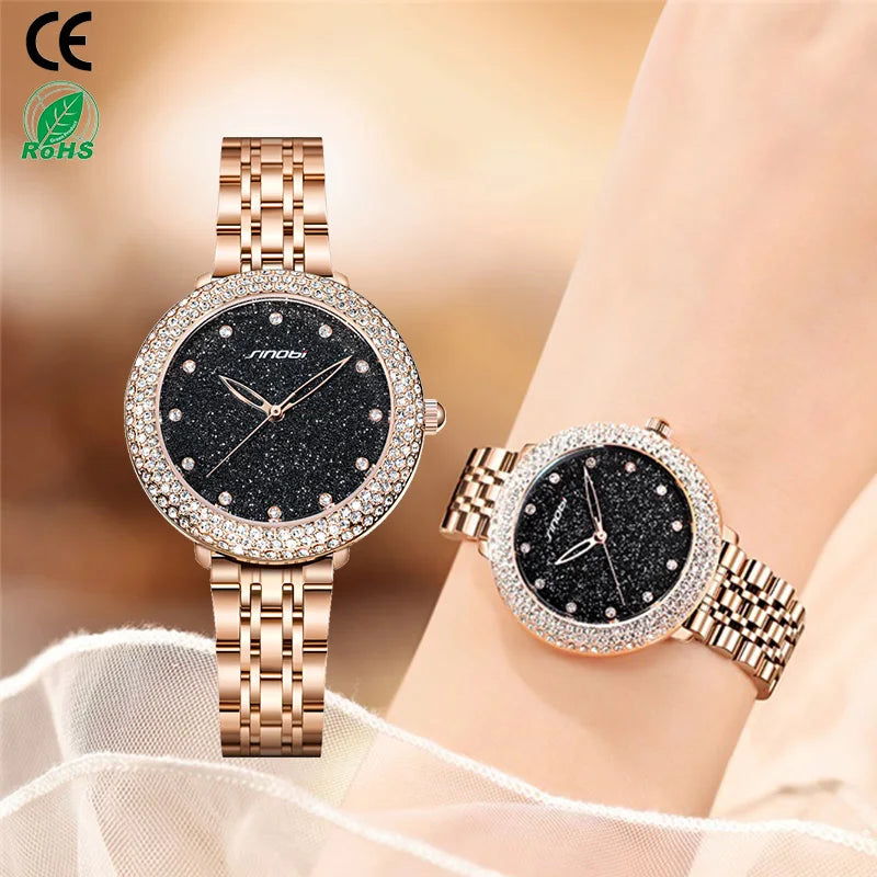 SHENGKE Ladies Luxury Rose Gold Stainless Steel Quartz Watch Glass Dial Pointer Hands 3ATM Waterproof Alloy Case Fashion Gift
