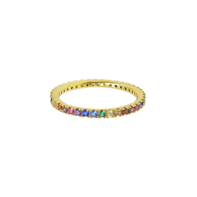 925 Sterling Silver Rainbow Diamond Ring Gold & Rhodium Plated Trendy Full Colorful Stone Band for Wedding Party Anniversary