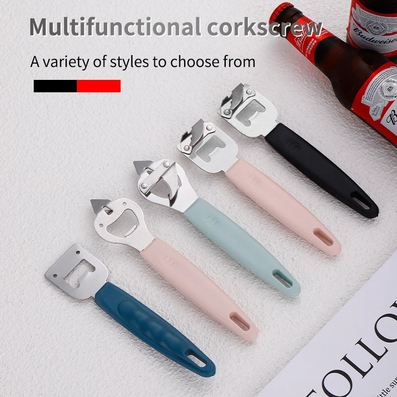 Multi-Functional Manual Bottle Opener Stainless Steel Flat Design Beer Can Opener Custom Plastic Handle Multiple Colors Kitchen