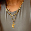 Stainless Steel Non Tarnish Waterproof Men Layered Necklace Half Saint Necklace Gold Saint Christopher Pendant Figaro Chain Set