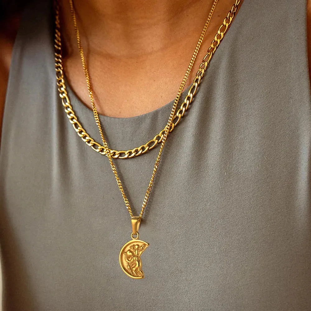Stainless Steel Non Tarnish Waterproof Men Layered Necklace Half Saint Necklace Gold Saint Christopher Pendant Figaro Chain Set