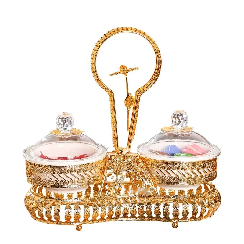 QIAN HU Luxury Living Room Gold Metal Serving Tray Nordic Style Dry Fruit Snacks Plate with Lid Handles Elegant Dishes Utensil