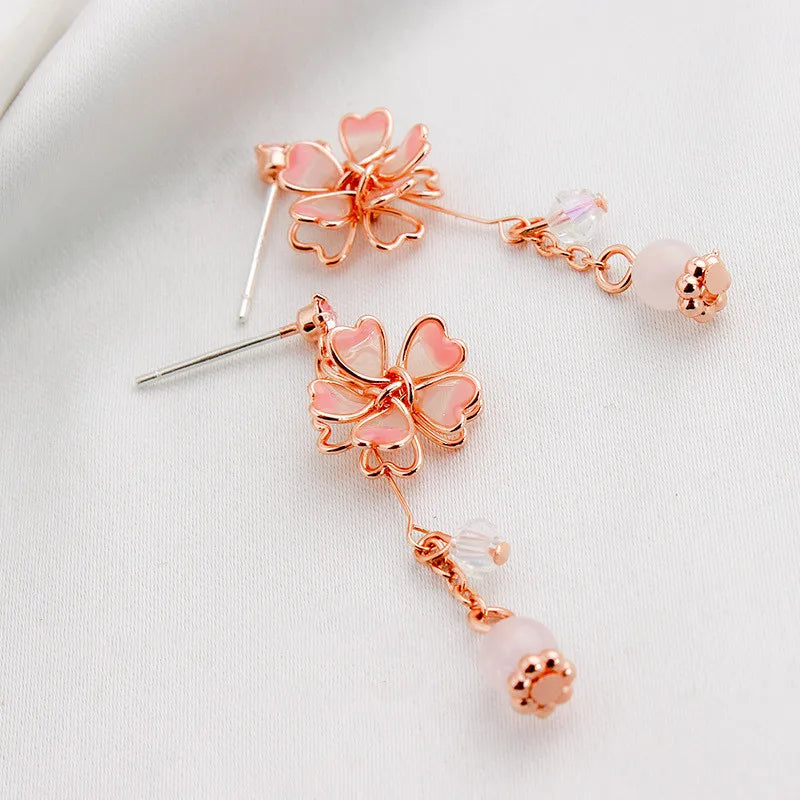 Romantic Elegant Cherry Blossom Flower Earrings Women Cute Sweet Light Pink Long Tassel Drop Earring Girls Party Wedding Jewelry