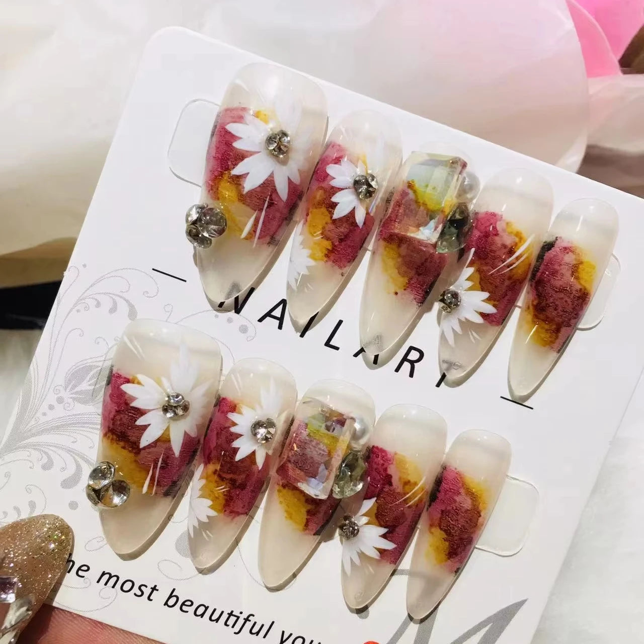 Handmade 3D Diamond Ombre Painting Flower Acrylic Nails High ABS Almond False Nail Tip Luxury Cute Square Pattern Press-on Nails