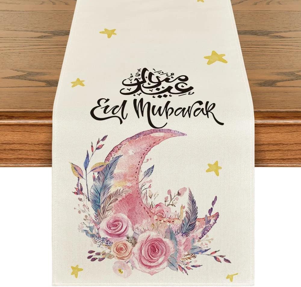 Pink Moon Flowers Stars Ramadan Eid Table Runner Seasonal Summer Holiday Kitchen Dining Table Runners for Home Party Decor