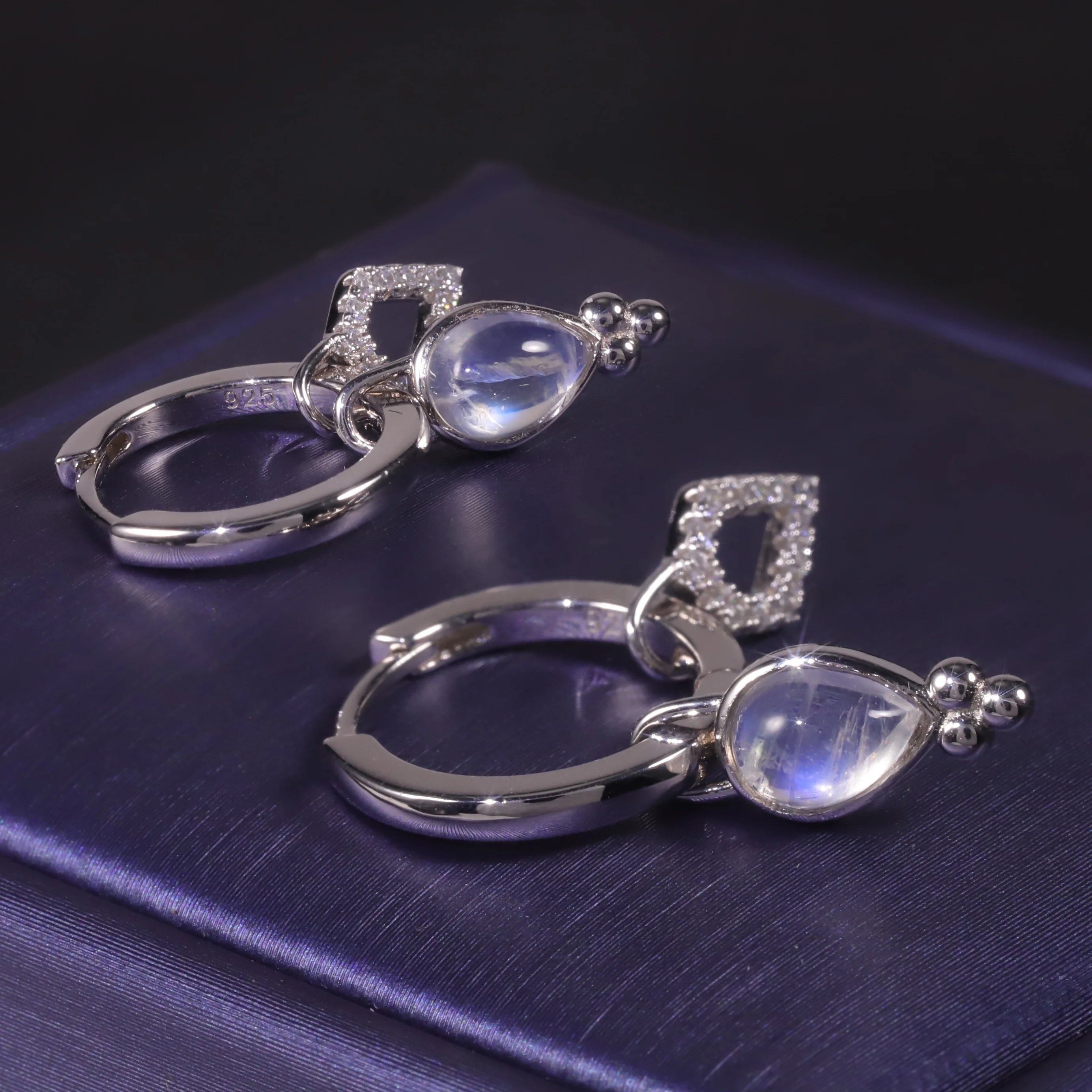 OL0875 Abiding Trendy Personalized Pear Cut 5x7MM Moonstone 925 Sterling Silver Huggies Charms Hoop Earrings