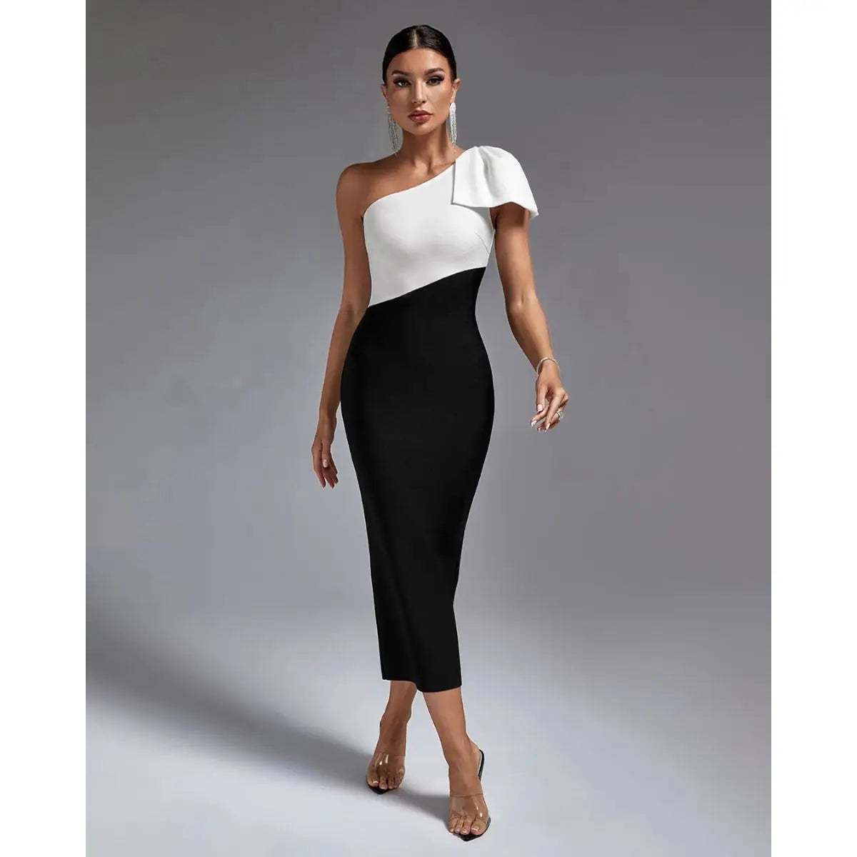 Ocstrade Verano Casual Dress Black and White Bandage Dress One Bow Shoulder Sleeveless Slim Fit Midi Casual Dress