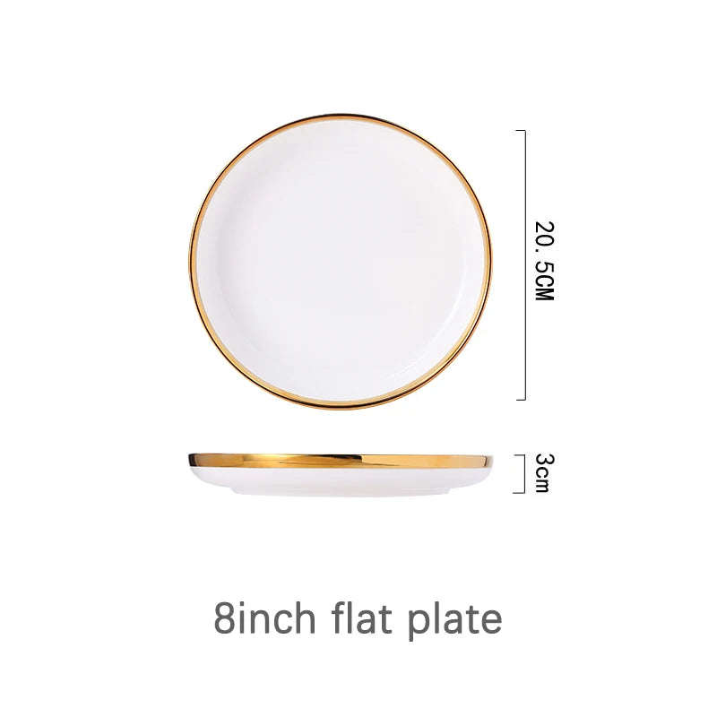 Hot Sale 8 Inch Flat Plate Marble Gold Rim Dishes Plate Sets Crockery Tableware Porcelain Ceramic Dinner Plate Dinnerware