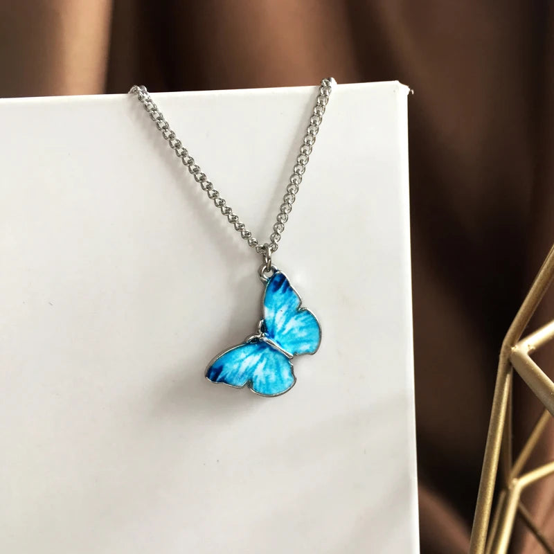 New Fashion Gold Plated Chain Necklace Choker Blue Butterfly Necklace for Women Girls