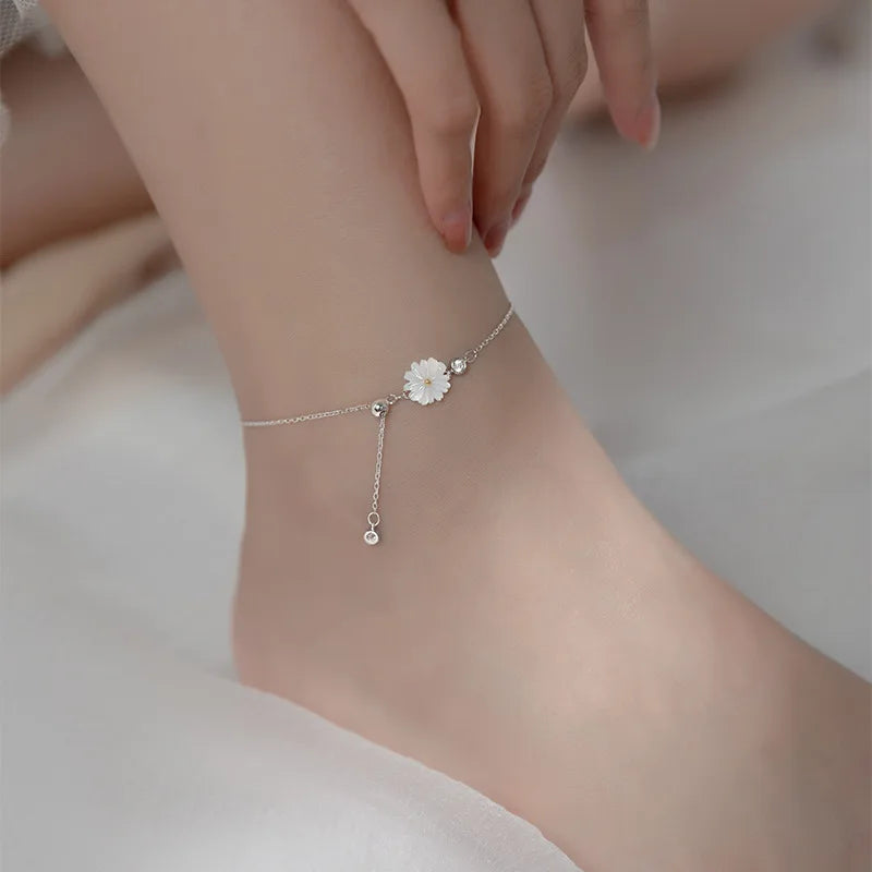 2023 New Korean Style 925 Sterling Silver CZ Zircon Shell Daisy Anklets Beach Jewelry Women