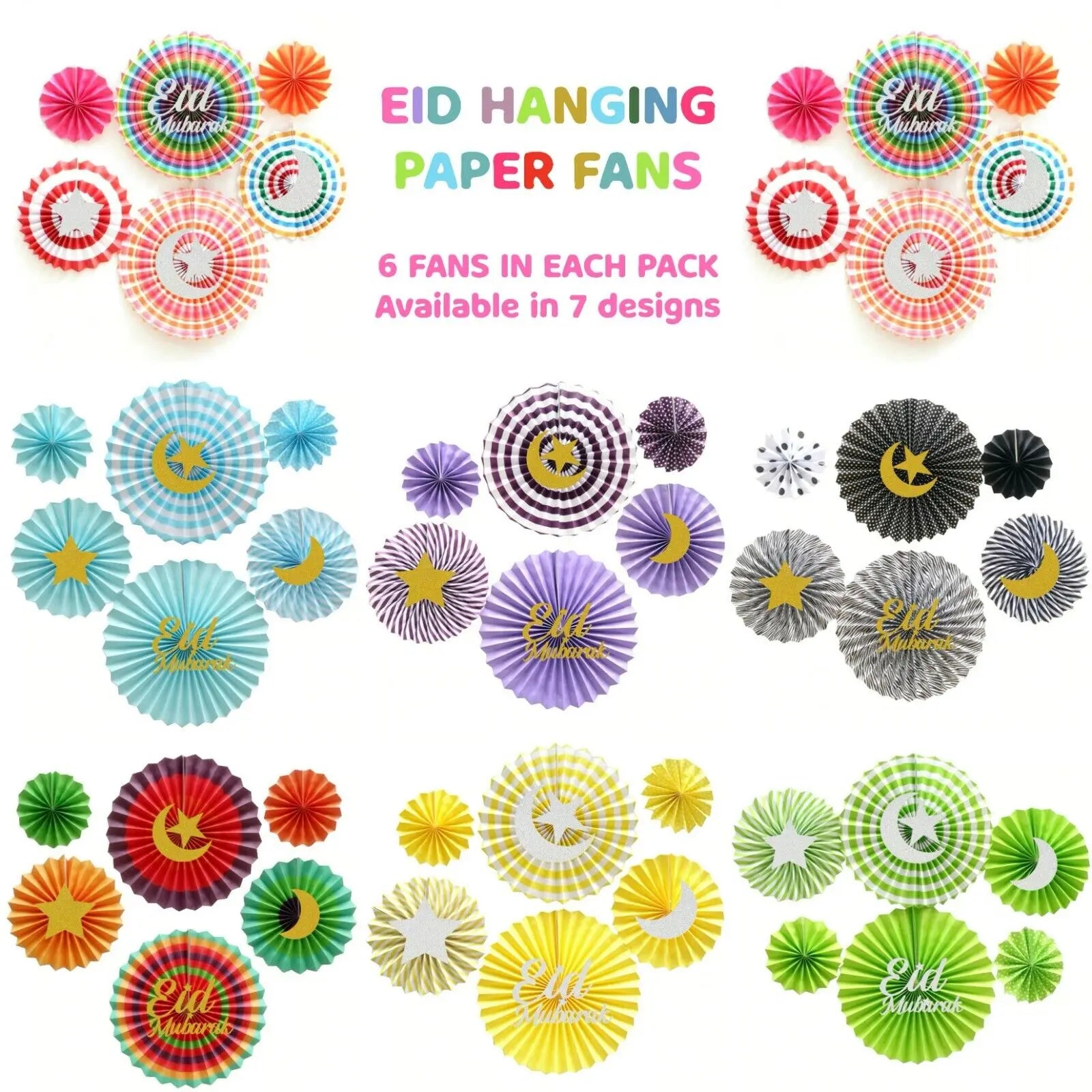 Eid Mubarak Party Hanging Paper Fans Set Decorative Ramadan Folding Fans Set of 6 Eid Mubarak Paper Fans Decoration Kit