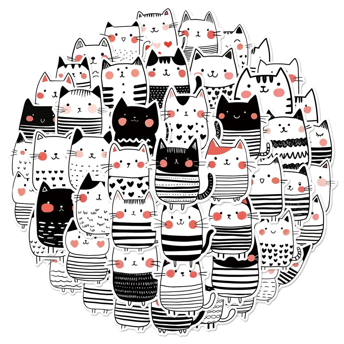 50PCS Black and white cute cartoon cat sticker