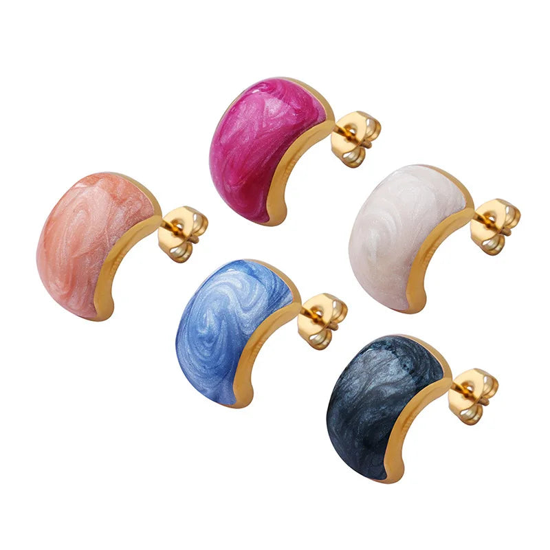18K Gold Plated C Shaped Stud Earrings Stainless Steel Jewelry with Colorful Oil Drop Enamel for Parties and Weddings