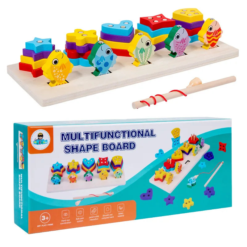 Montessori Children Wooden Fishing Logarithmic Board Game Multifunctional Shape Puzzle Building Block Toys for Kids Boys Girls