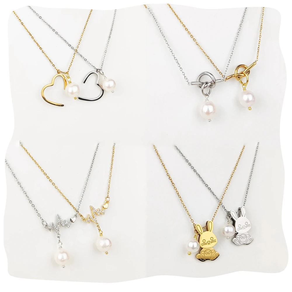 18K Gold Plated Stainless Steel Rabbit Charm Necklace New Design Cute Animal Real Pearl Heartbeat Pendant Link Chain for Gift