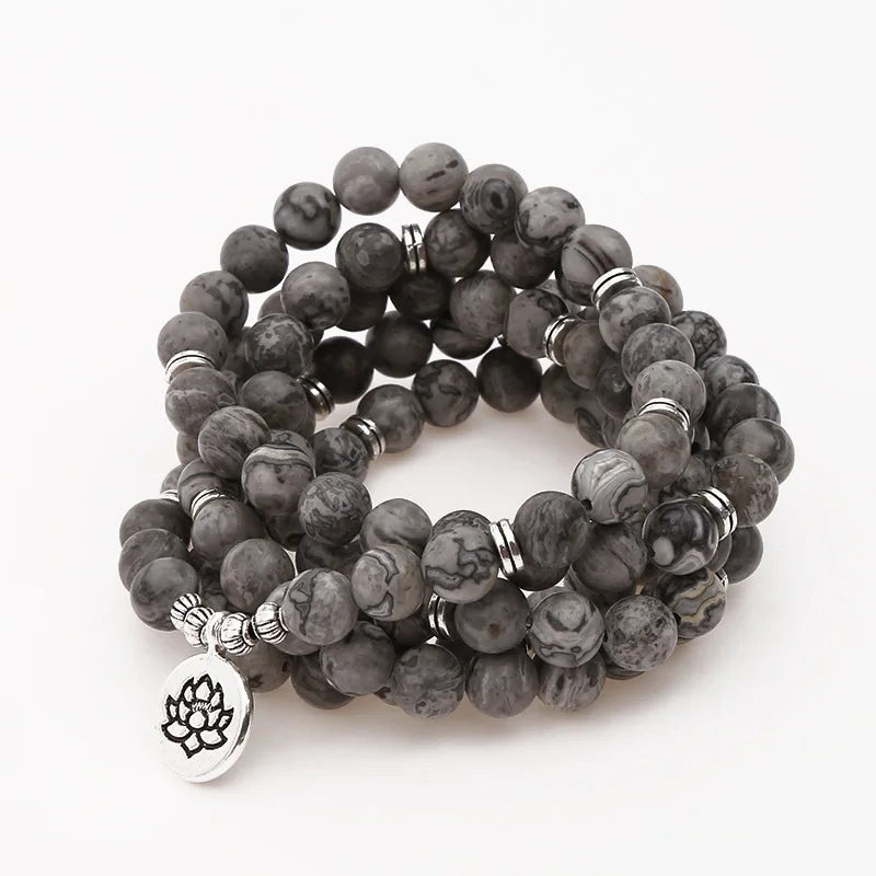 108 Mala Beads Bracelet Necklace Map Jasper Stone Beads Gemstone Wrapped Bracelet