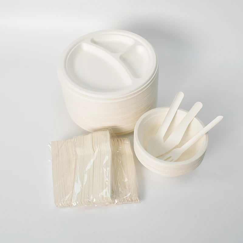 Eco-Friendly Disposable Dinnerware Set Wholesale Paper Bagasse Plates Water-proof Oil-proof Microwave Safe for Parties Dinners