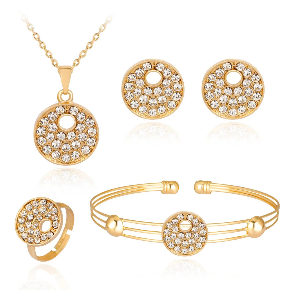 Latest Fashion18K Gold Plated Luxury Necklace Ring Earring Bangle Mature Woman Jewelry Set With Stone
