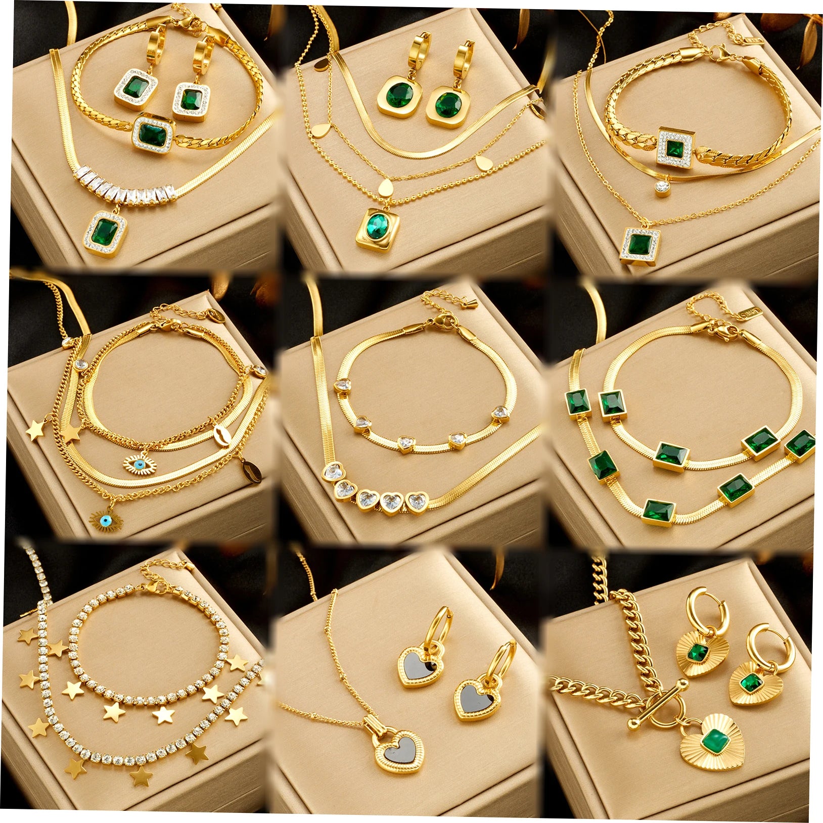 Women Dainty Jewelry Set Stainless Steel 18k Gold  Zircon Heart Eye Layered Pendant Necklace Earrings Bracelet Set Waterproof