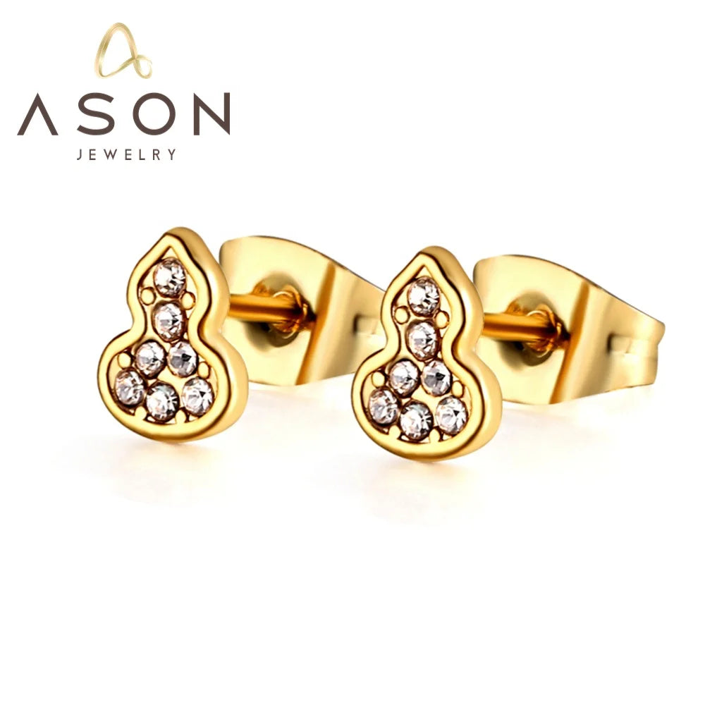 Ason Fashion 18k Gold Plated Stud Earrings Waterproof Stainless Steel Gourd Shape Zircon Stud Earrings for Children