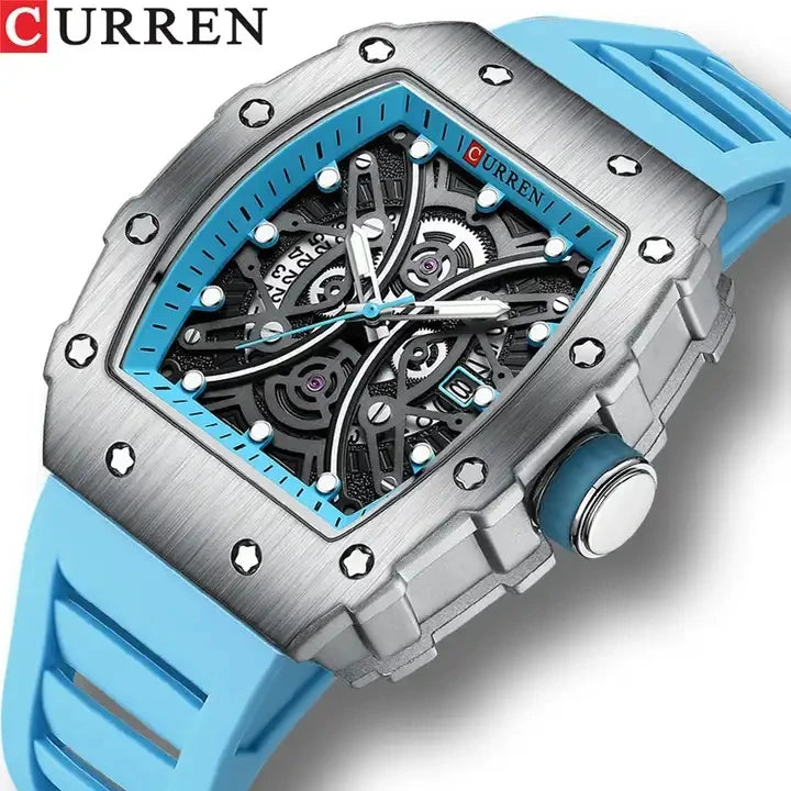CURREN 8438  New RectangularLuminous Watches for Men Sport Casual Silicone Bracelet Half Hollow Auto Date  Wristwatches