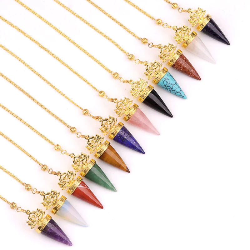 Fashion Gold Lotus Pattern Stone Pendulum and Chain Natural Stone for Divination Hypnosis Healing Soul Crystal Witchcraft Gift