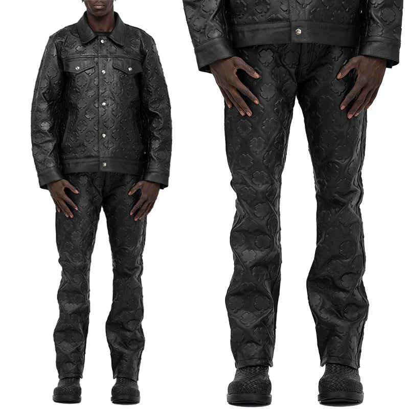 YSJY Streetwear Embossed Leather Stack Suits Manufacturer Ensemble Cuir Cargo Boyfriend Hommes Custom Leather Outfits for Men