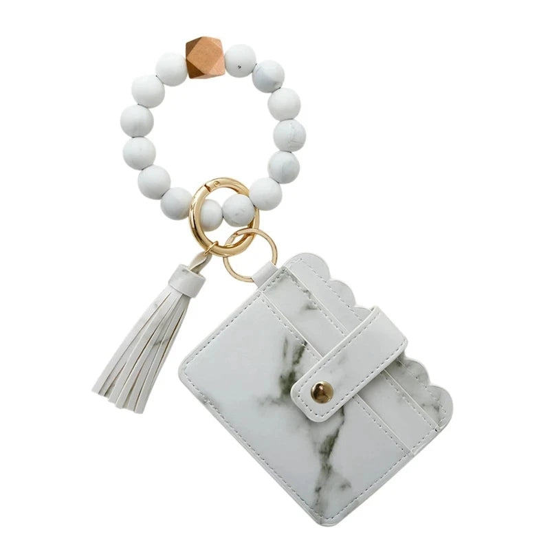 Stock 2025 Cute Luxury Silicone Wooden Bead ID Credit Cards Leather Key Chain Accessories Keychain Bracelet Wallet for Woman
